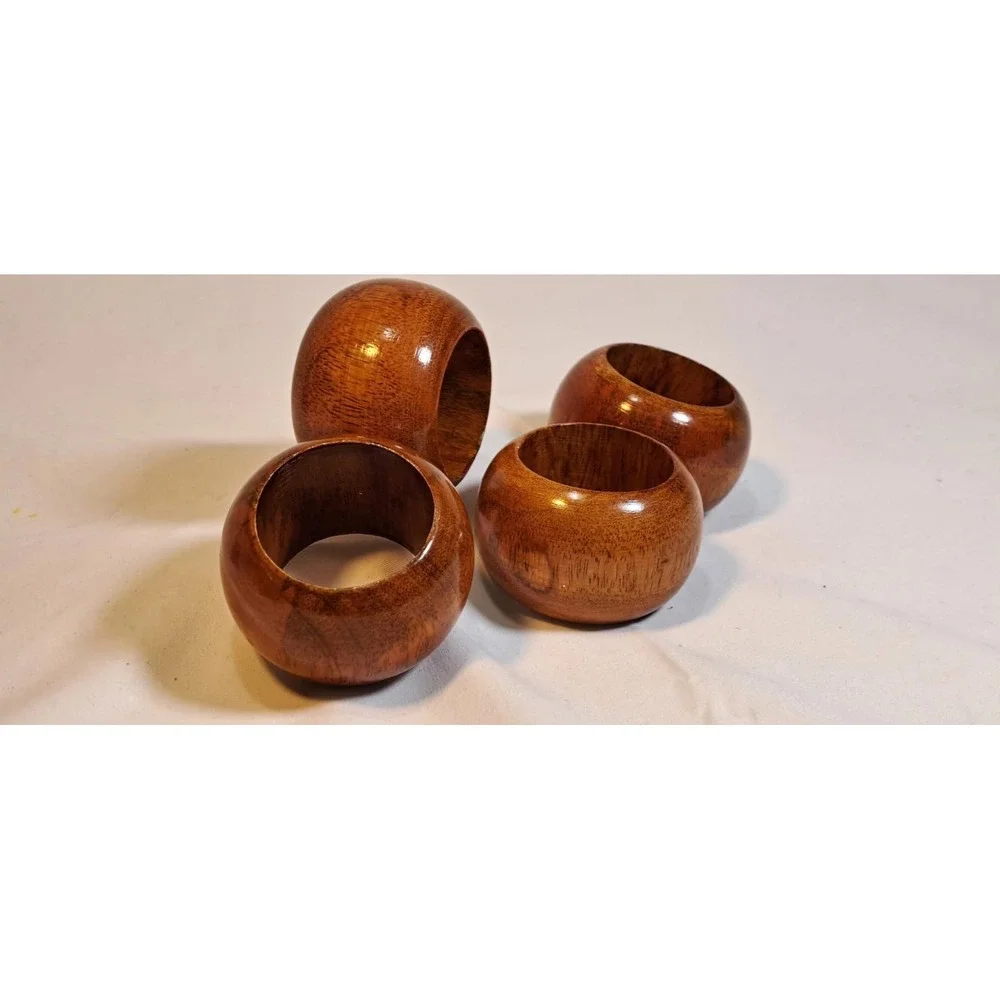 Vintage Mid Century Modern Polished Wood Napkin Rings Set of 4 Brown Round MCM
